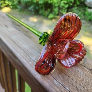 Murano Style Hand Blown Long Stem Glass Red Flower